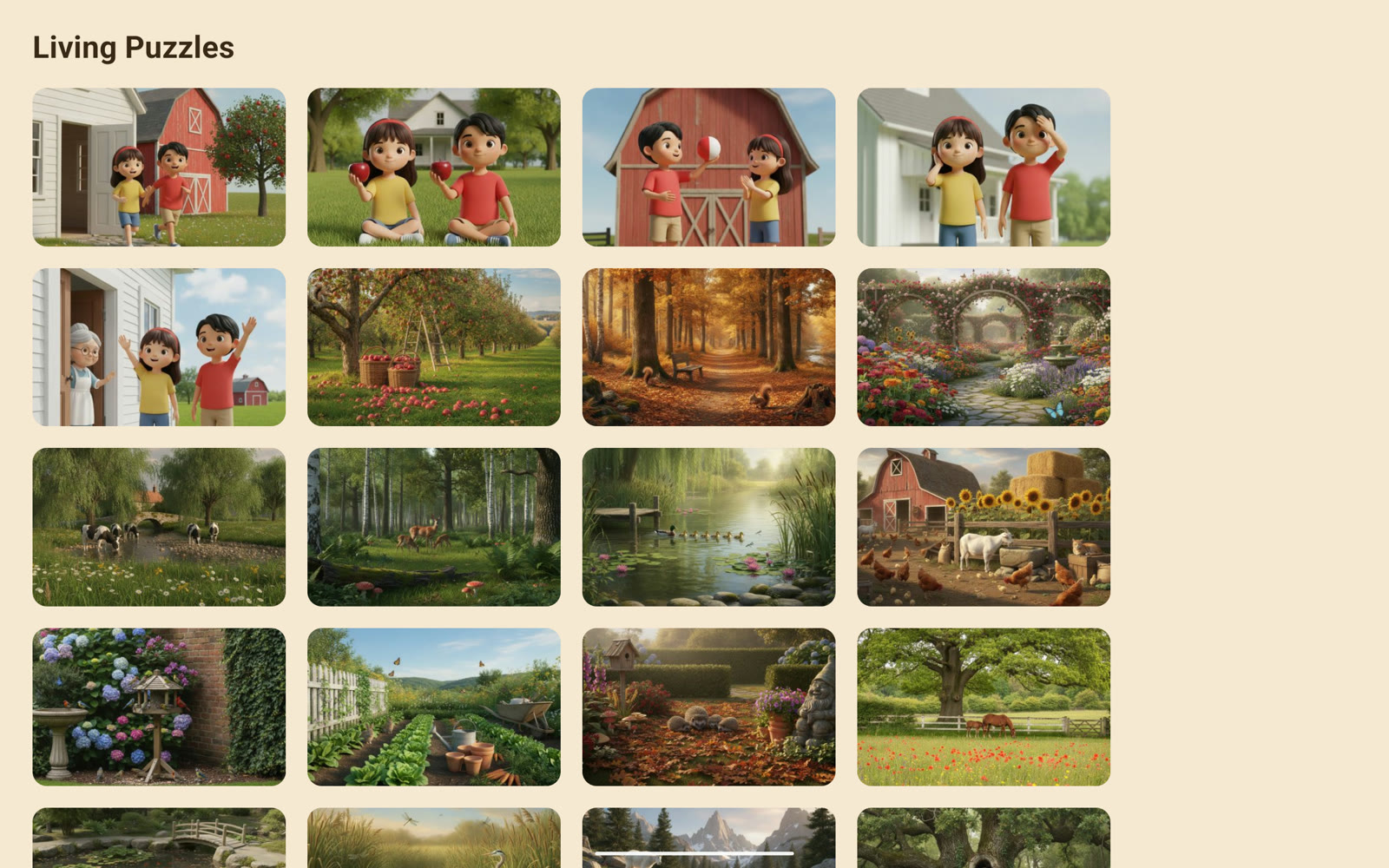 A gallery grid of picture cards: farm scenes, an orchard, an autumn path, gardens and animals.