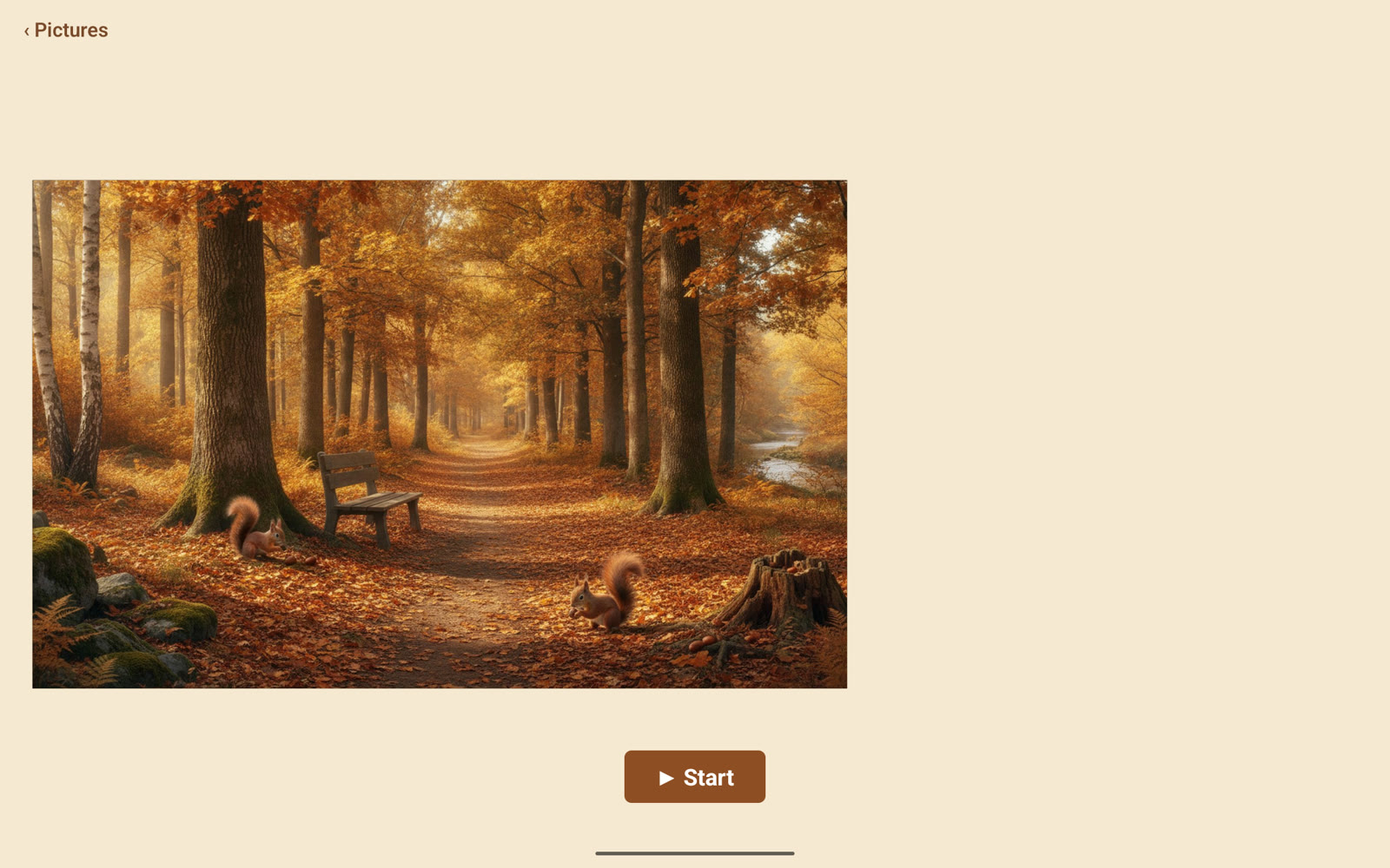 The next puzzle picture, an autumn forest with squirrels, whole above a Start button.