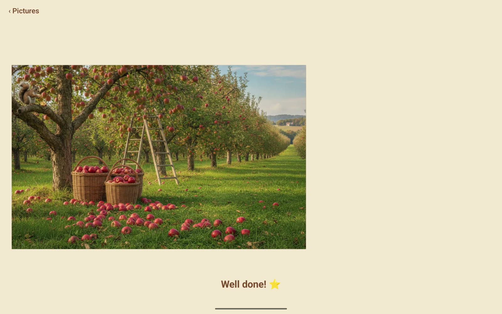 A completed apple-orchard picture with 'Well done!' and a star beneath it.