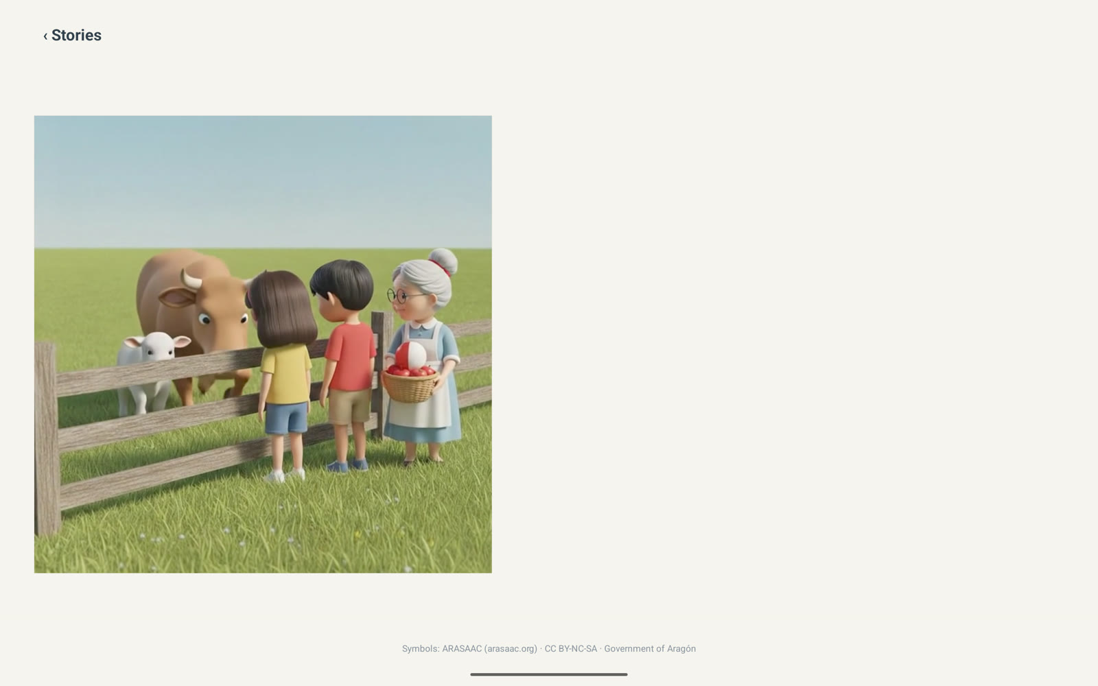 The completed picture playing as a video: two cows standing at a wooden fence beside two children and their grandmother.