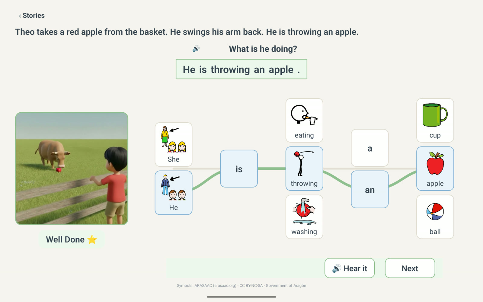 A completed tile build reading 'He is throwing an apple' beside the frozen picture of the landed throw, with 'Well Done' and a star.