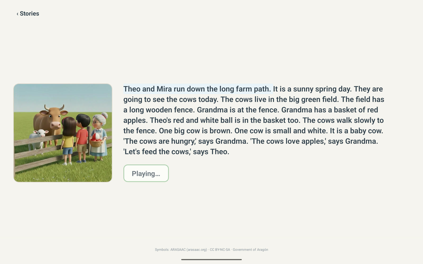 A tablet screen: a frozen story picture of two children and a grandmother at a farm fence with two cows, beside story text with the first sentence highlighted.