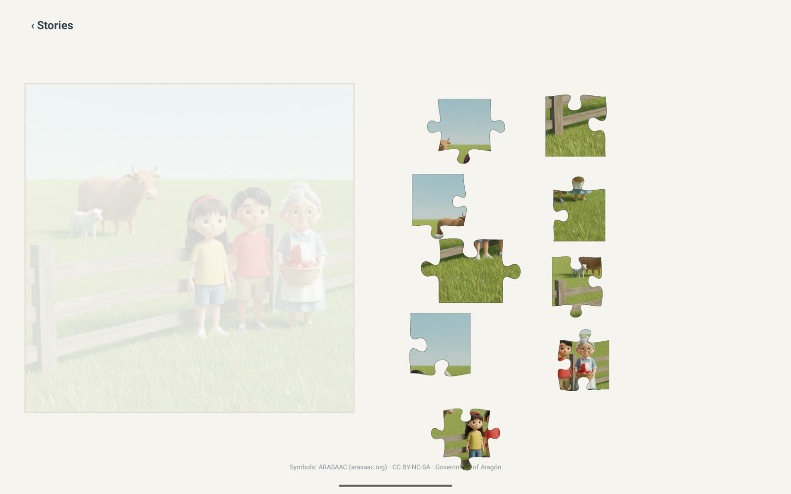 A 3x3 jigsaw of a farm scene with pieces waiting in a tray on the right.