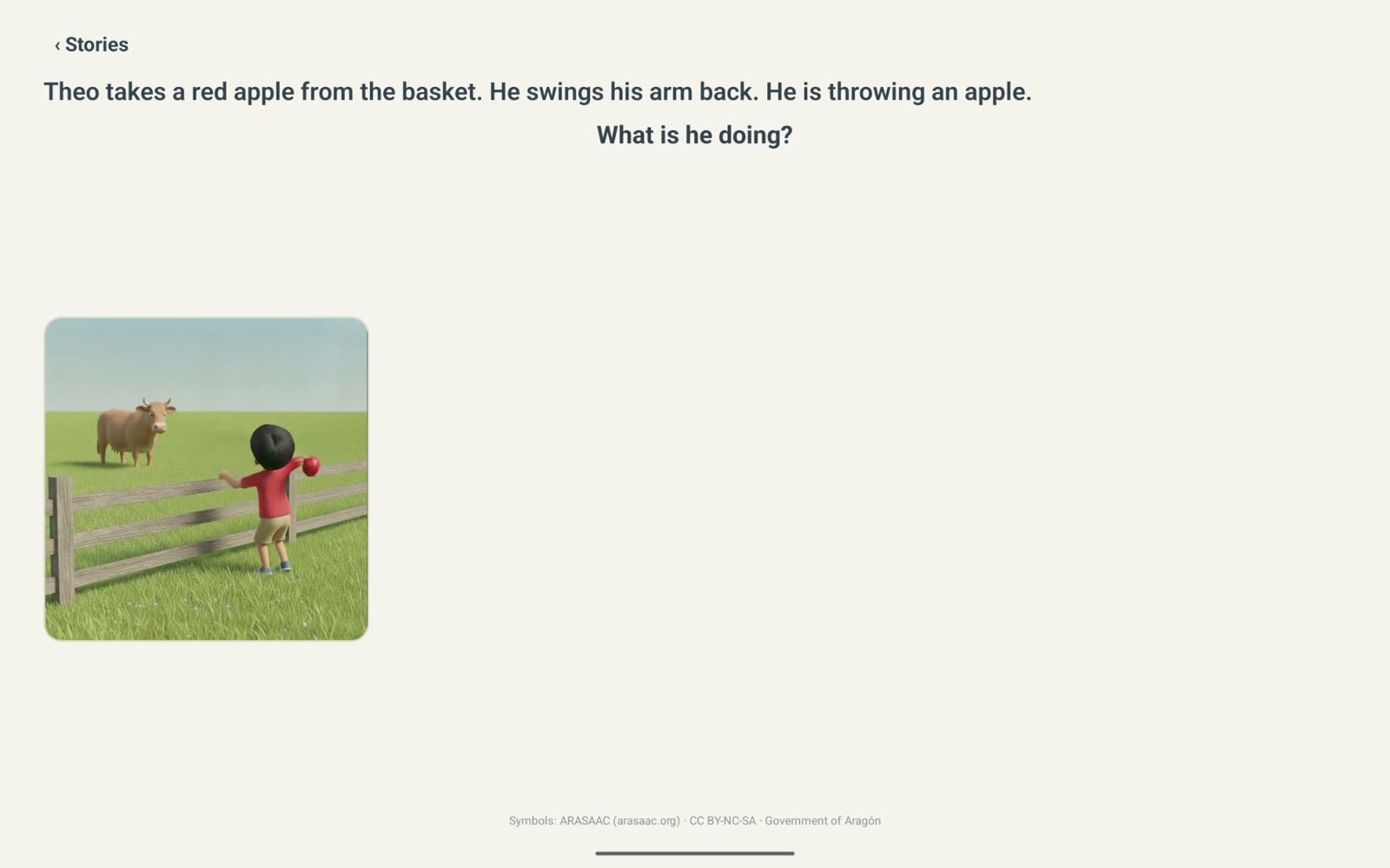 A story build page: in the picture panel a boy mid-throw beside a fence, a brown cow waiting in the field.