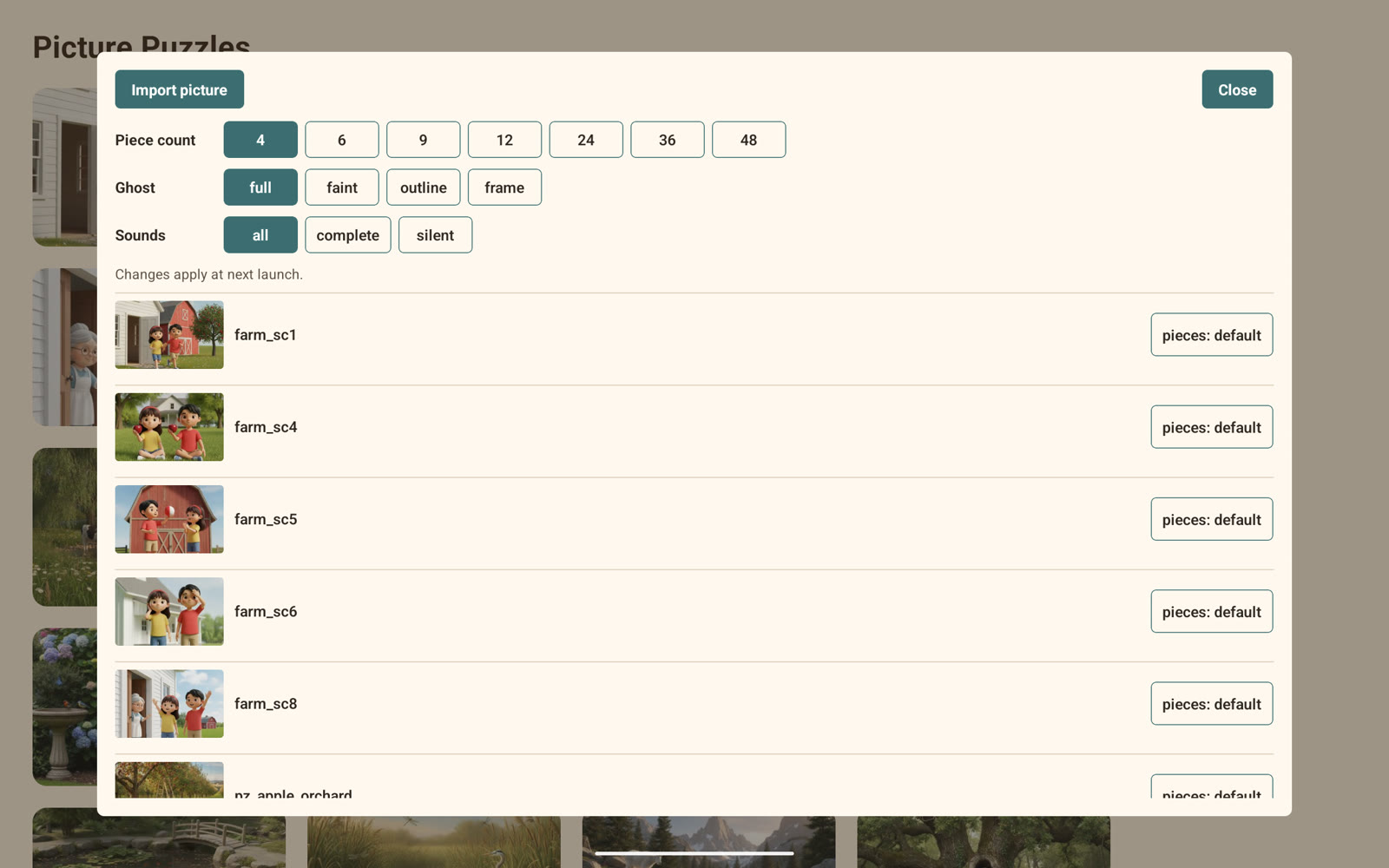 The adult settings sheet: a Piece count row with options 4, 6, 9, 12, 24, 36 and 48; a Ghost row with full, faint, outline and frame; a Sounds row; an Import picture button; and a scrollable list of the picture gallery.