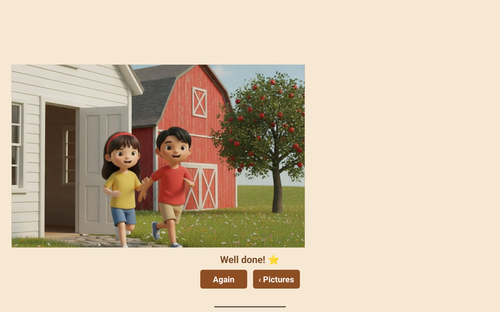A finished puzzle: a picture of two children walking past a red barn and an apple tree, whole and seamless, with a quiet "Well done!" and Again and Pictures buttons below.