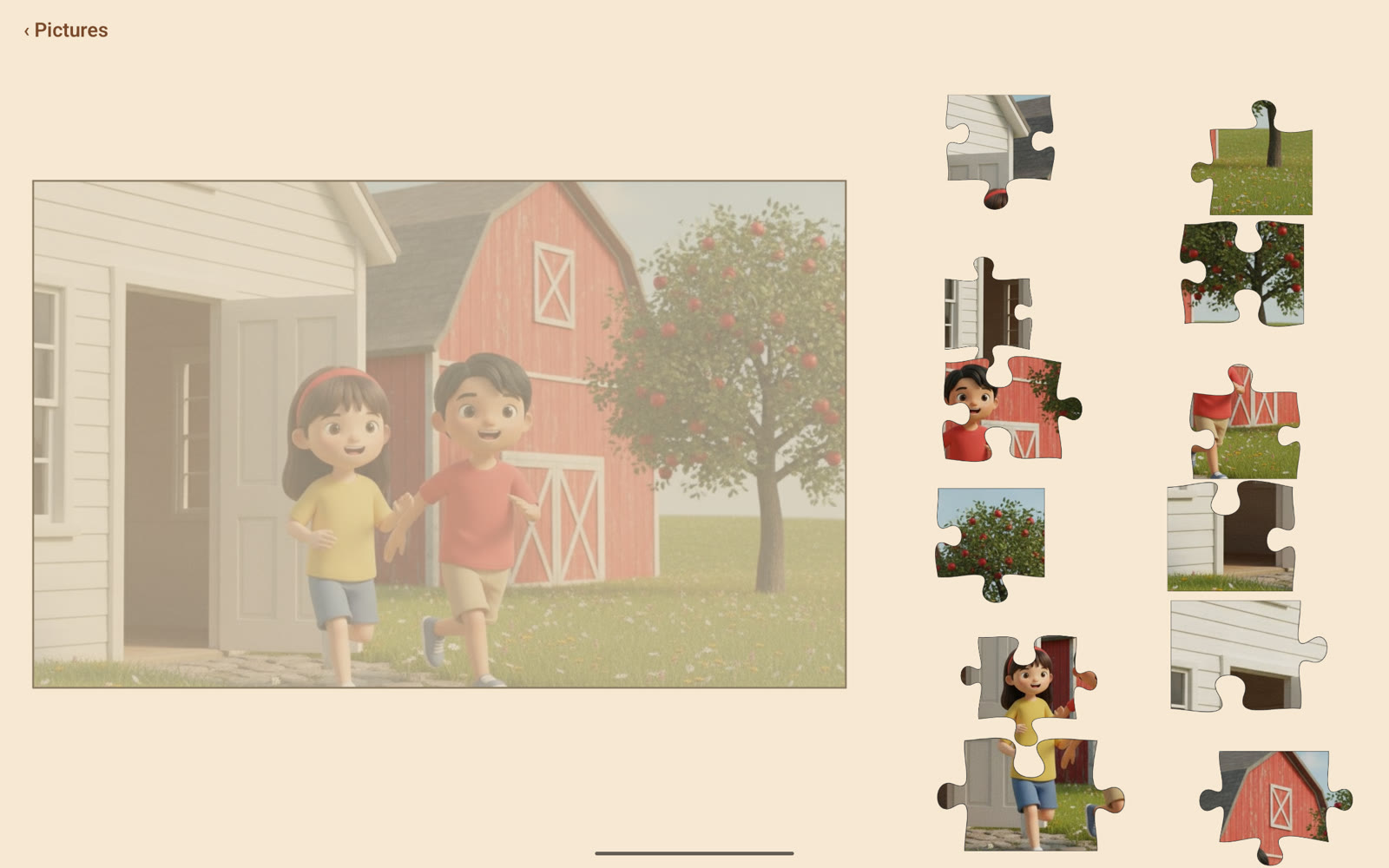 The same barn picture as a puzzle of twelve pieces.