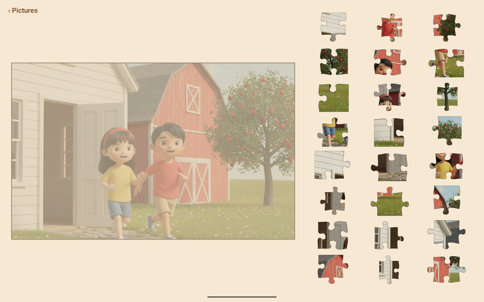 The same barn picture as a puzzle of twenty-four pieces.