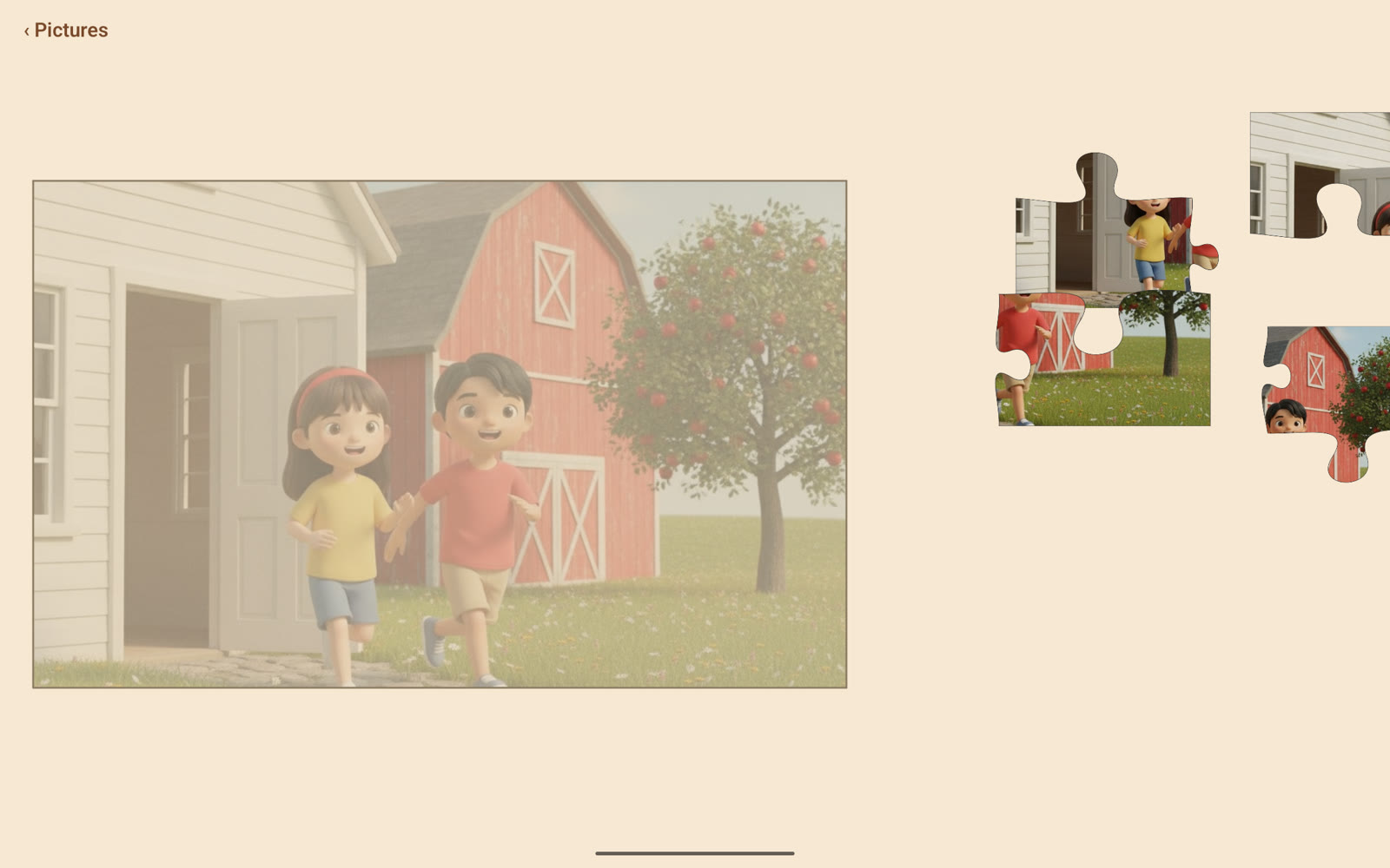 The same barn picture as a puzzle of four large pieces.