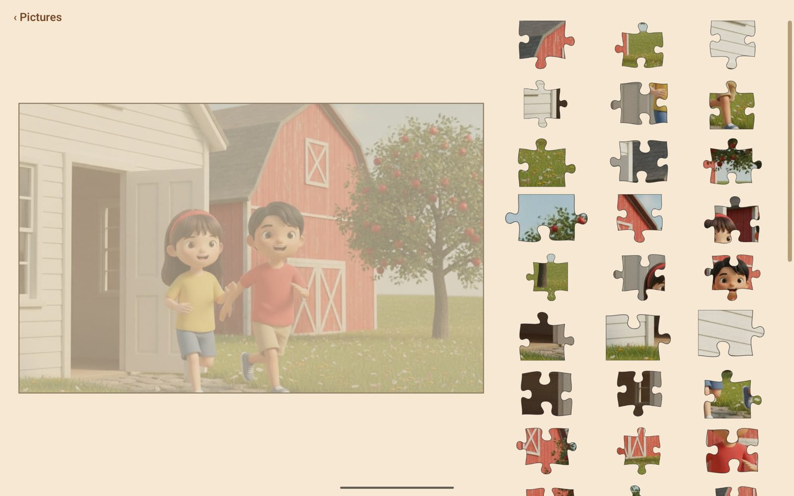 The same barn picture as a puzzle of forty-eight small pieces, filling a scrollable tray.
