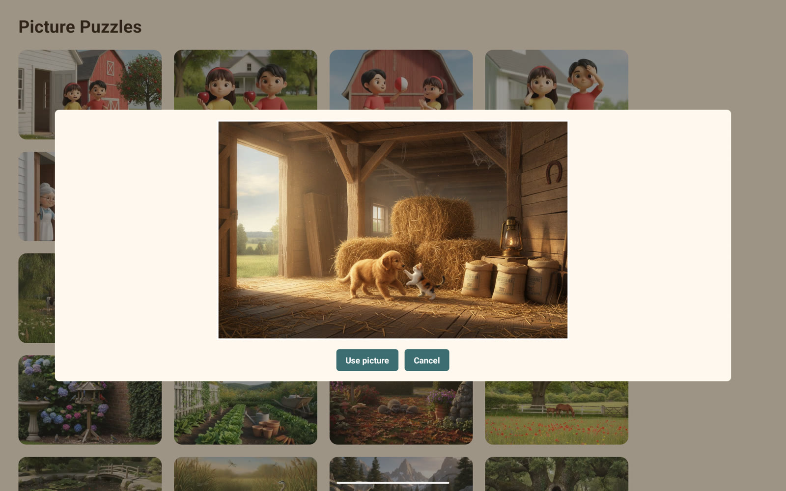 The import crop preview: a photo of a puppy meeting a kitten in a sunlit barn, framed inside the puzzle's crop guide, with Use and Cancel choices.
