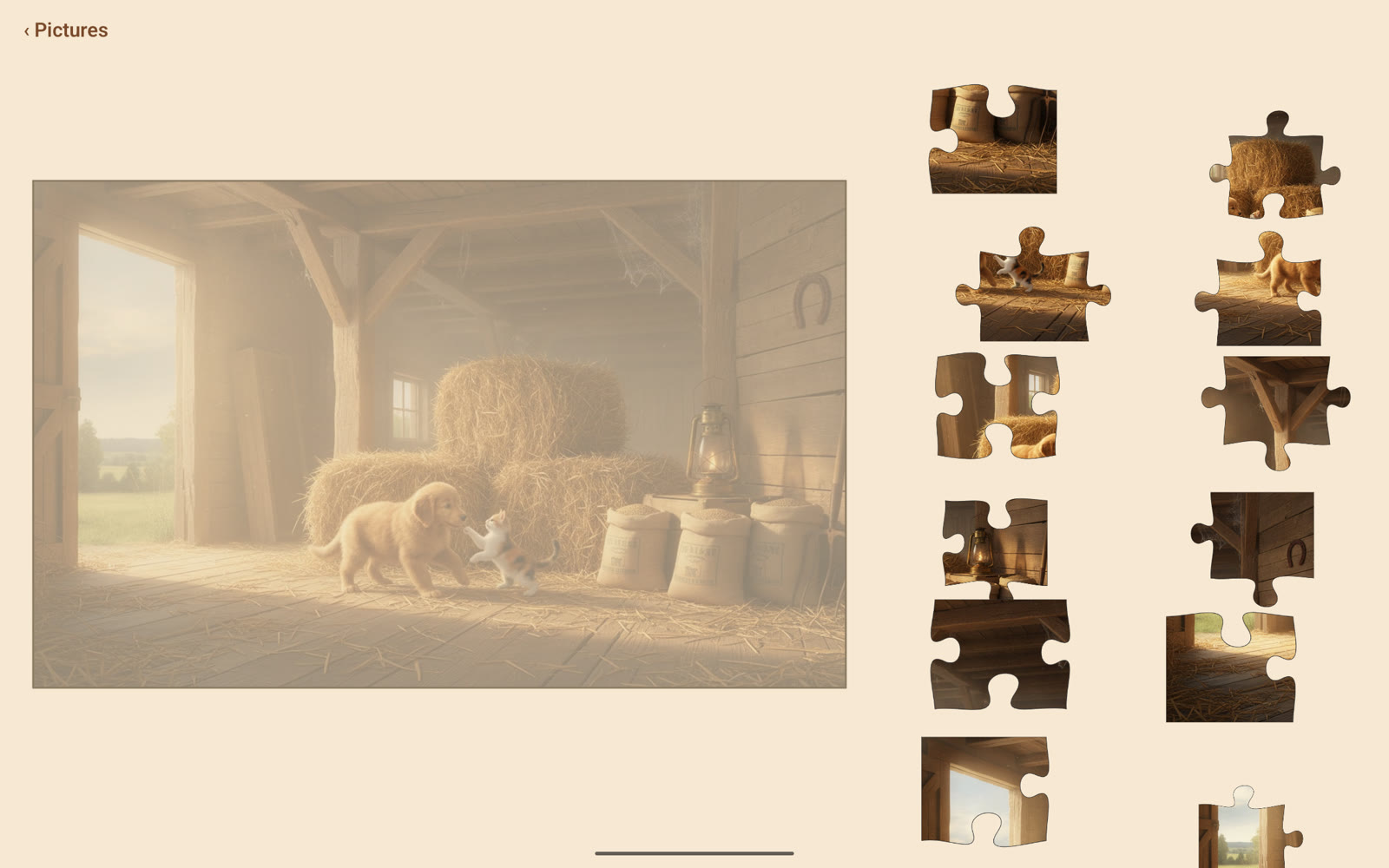 The imported photo as a puzzle: the barn photo of a puppy and kitten shown faintly in the frame, with interlocking pieces of it waiting in the tray.