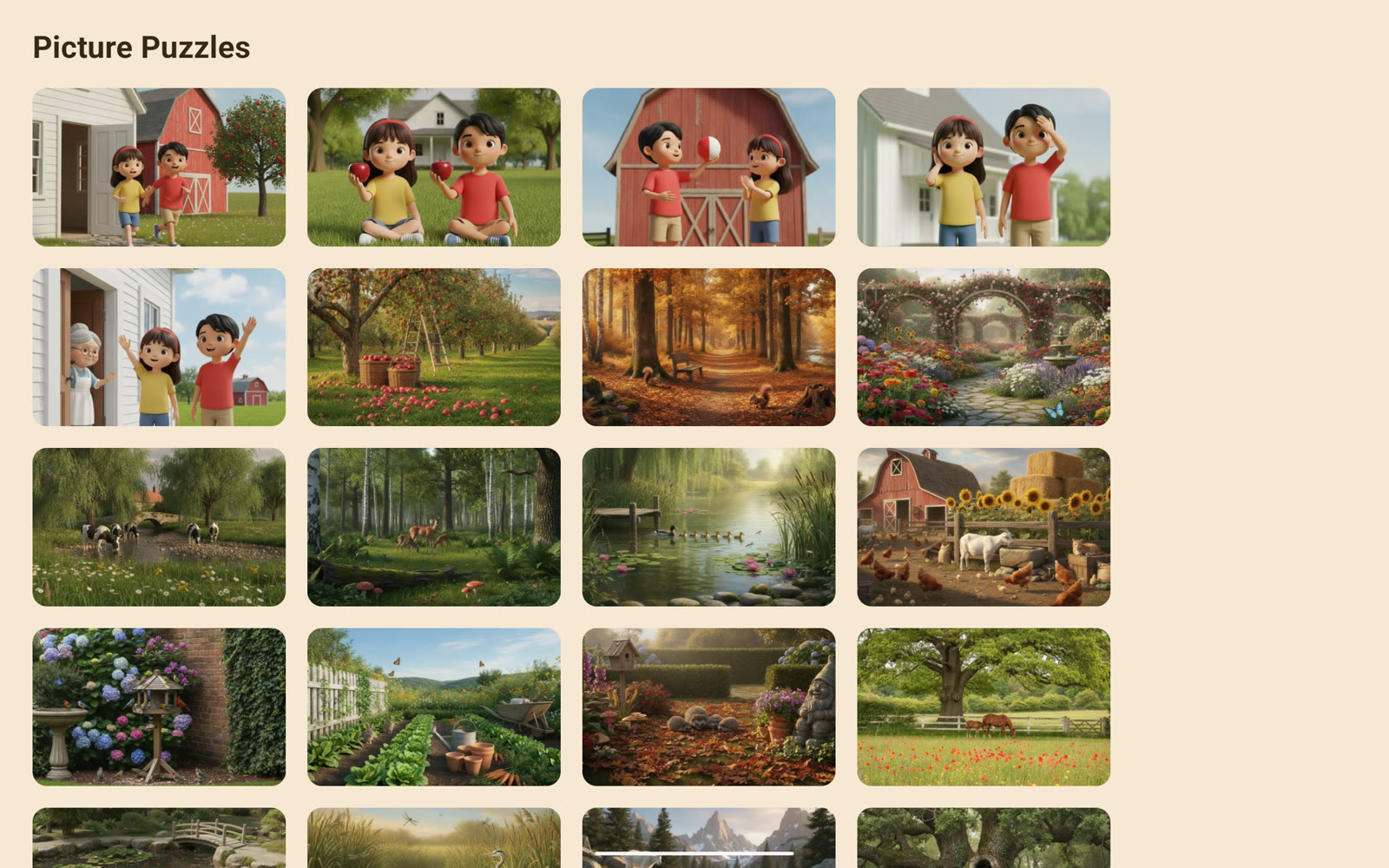 The picture menu: a wall of picture cards — a farmhouse and barn, children in a meadow, an apple orchard, an autumn forest, a flower garden, cows by a stream, a duck pond, a barn with sunflowers.