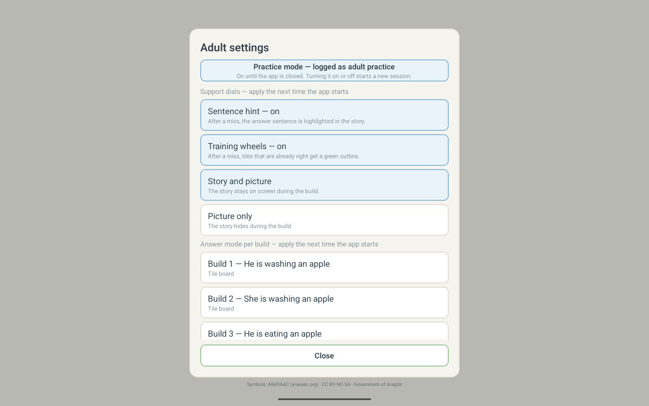 The adult settings sheet: a practice mode row, support dials for sentence hint, training wheels and story context, and a per-build answer-mode list.