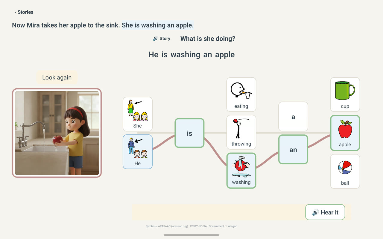 The same build page after a sentence that doesn't match the story: a "Look again" chip, the matching sentence highlighted in the passage, and green outlines on the tiles that belong.