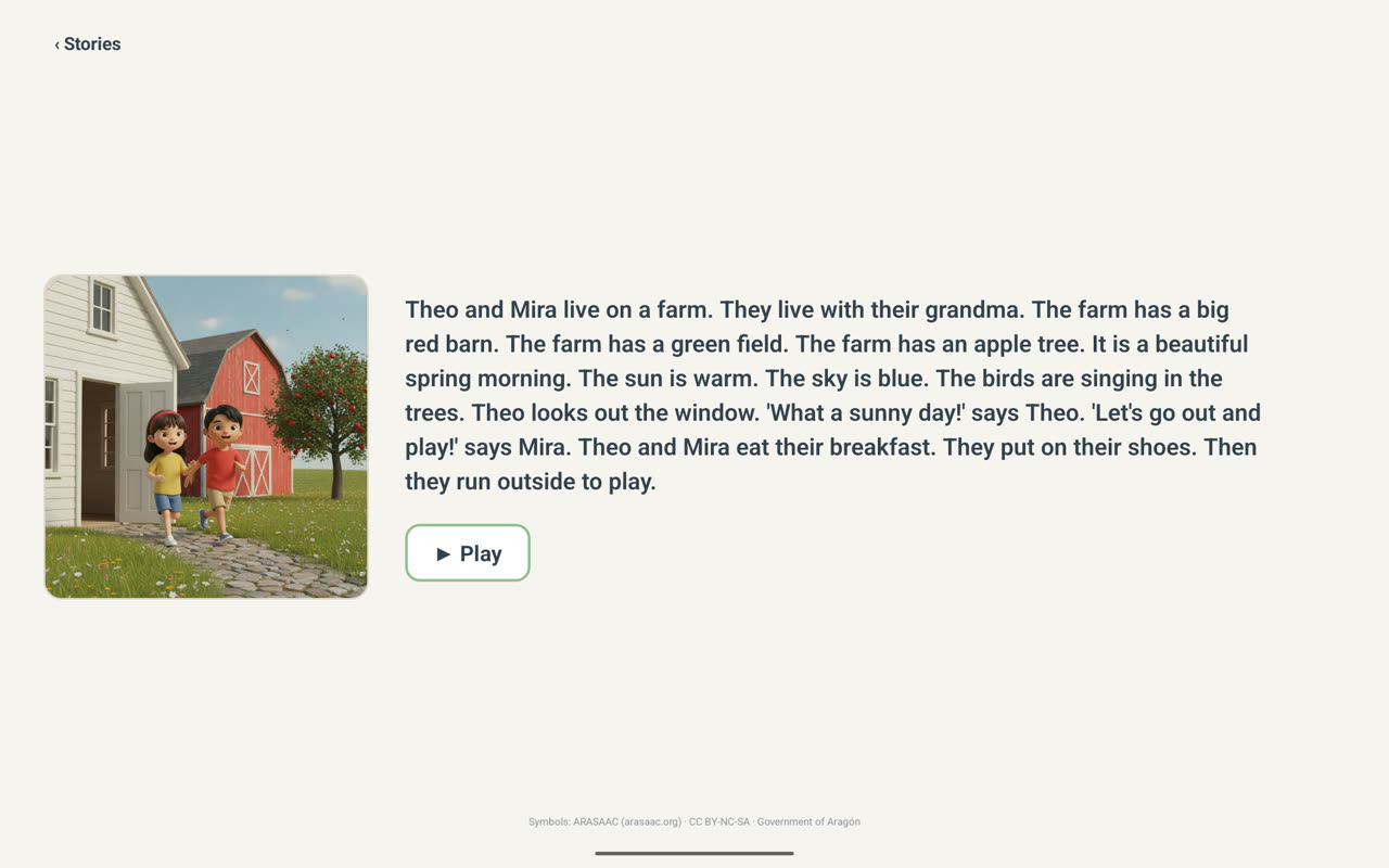 A story page: a picture of two children running out of a farmhouse on the left, the story text beside it, and a single Play button.