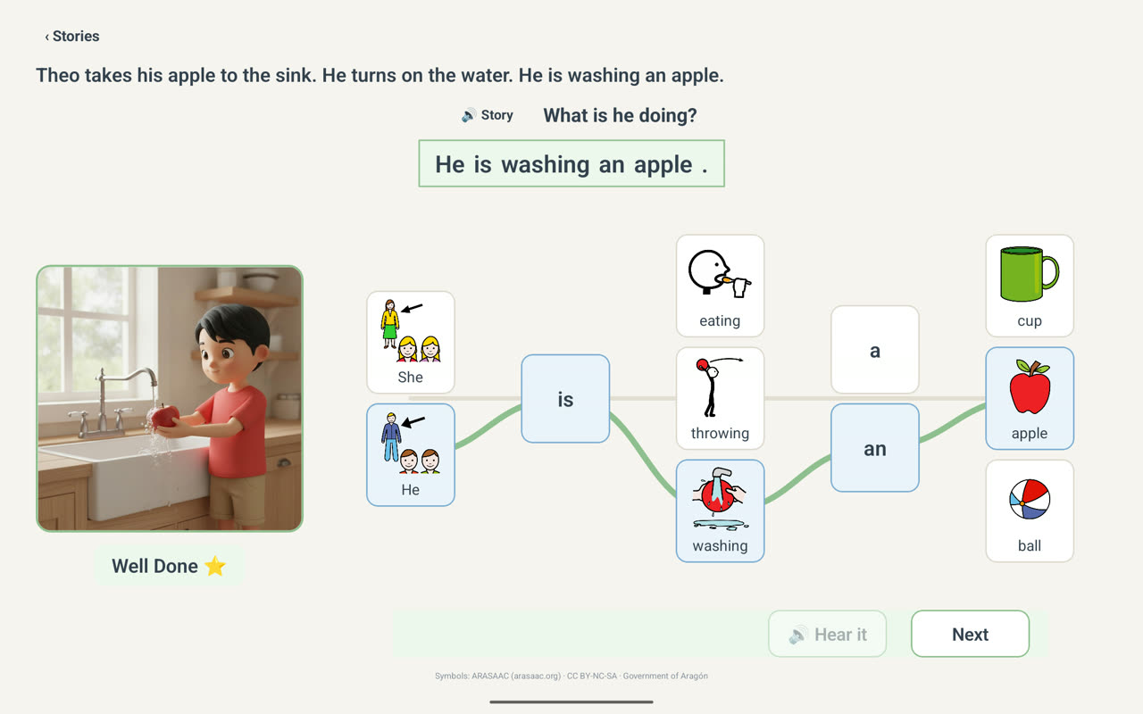 The build page after the correct sentence: the completed sentence in a green box, a quiet "Well Done" with a single star, and Hear it and Next buttons.