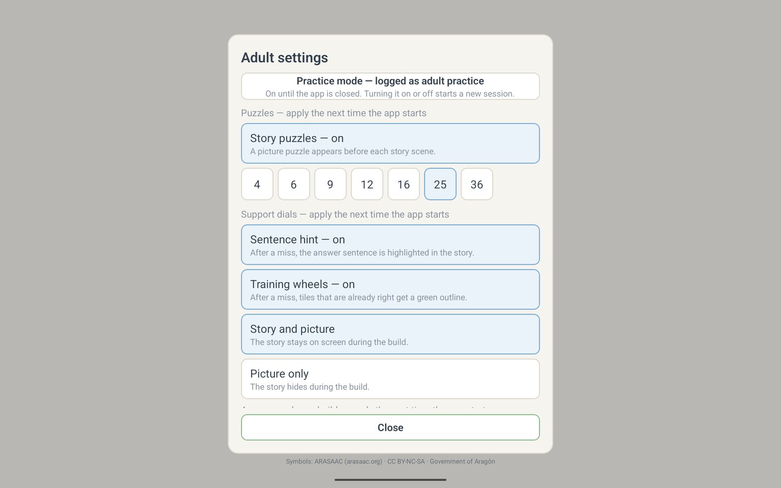 Adult settings sheet with Story puzzles on/off and piece-count buttons from 4 to 36.