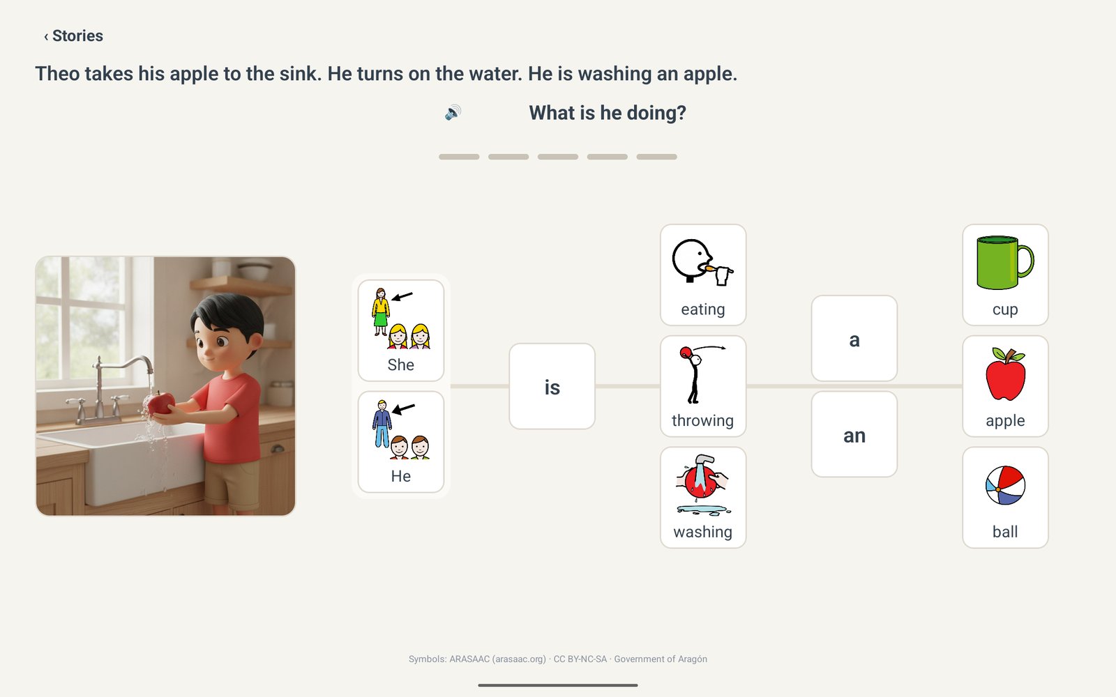 A build page with the question "What is he doing?", a picture of a boy washing an apple, and columns of picture tiles.