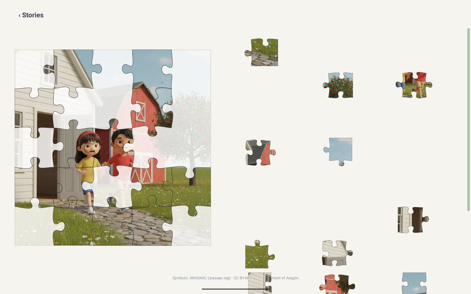 A tablet screen with a 5×5 jigsaw of a farm scene half-assembled on a board, remaining pieces in a tray on the right.