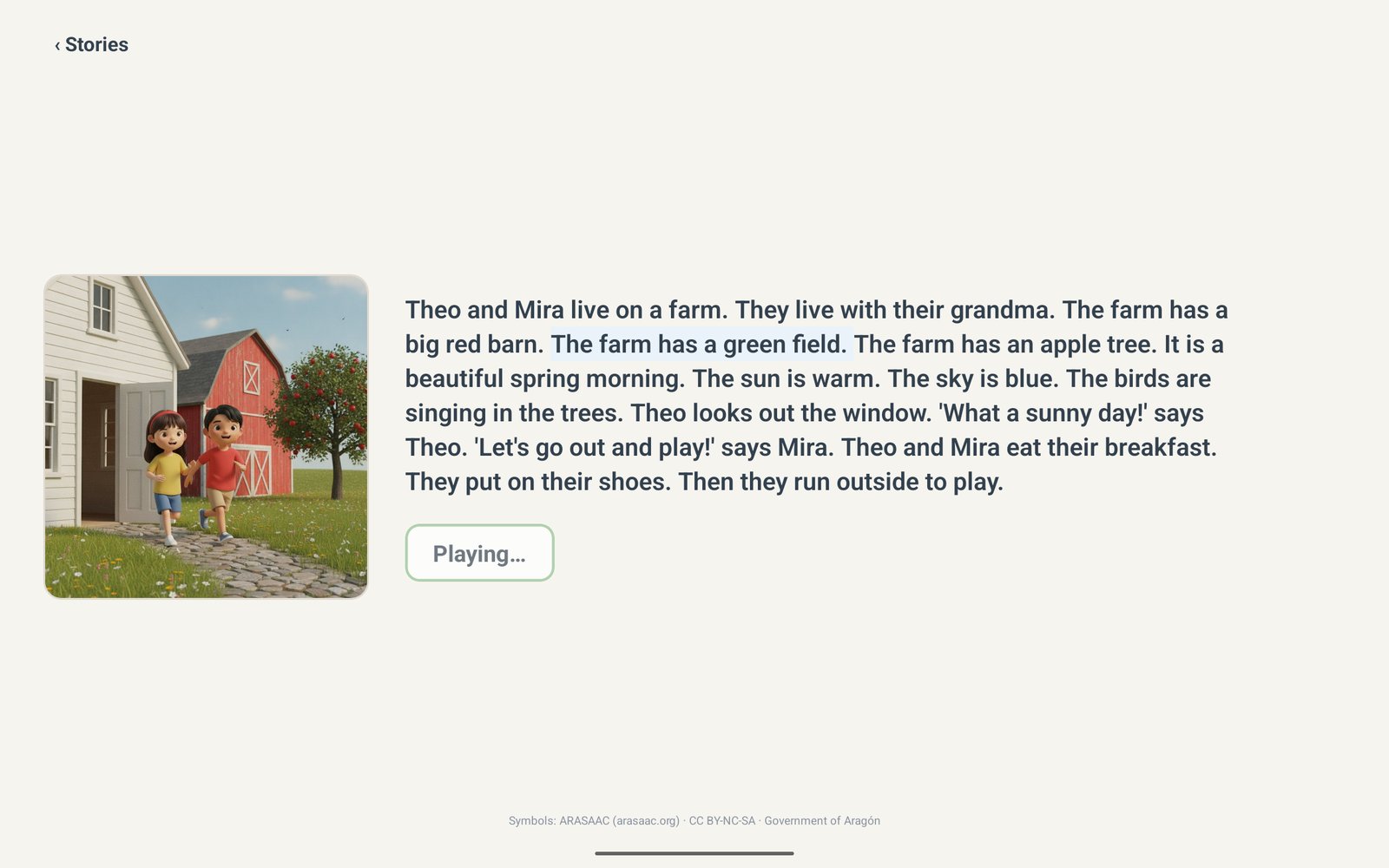 A story page, picture left, story text right, one sentence highlighted while it is spoken.