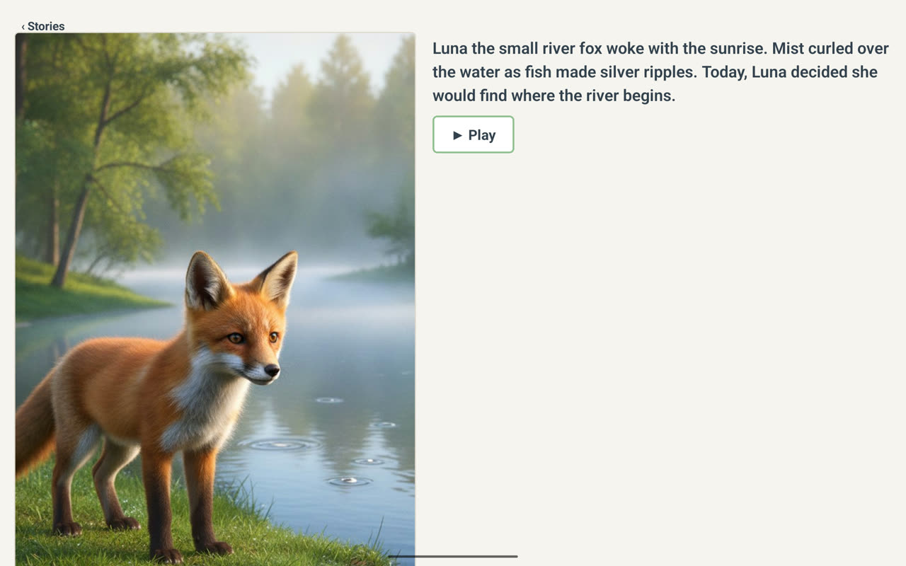 A story page: a picture of Luna the fox by the river on the left, the story text and a Play button on the right.