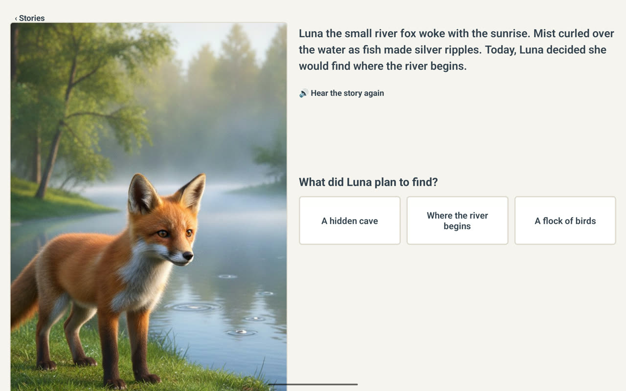 A tablet screen with a picture of a fox by a river on the left, the story text on the right with one sentence highlighted, and three answer cards below the question.