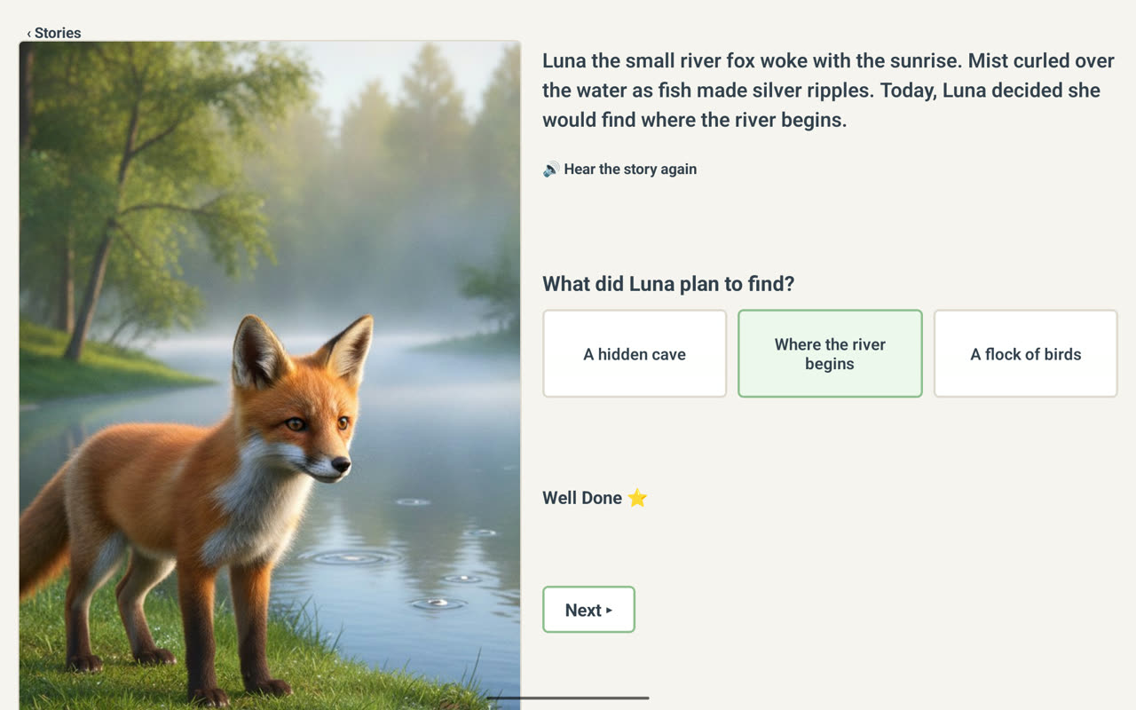 The page after the correct answer: the correct card outlined in green with the words Well Done and a star, and a Next button.