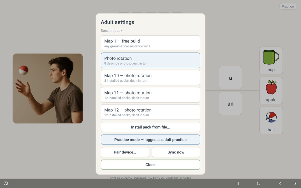 The adult settings sheet with the Practice mode toggle switched on and highlighted.