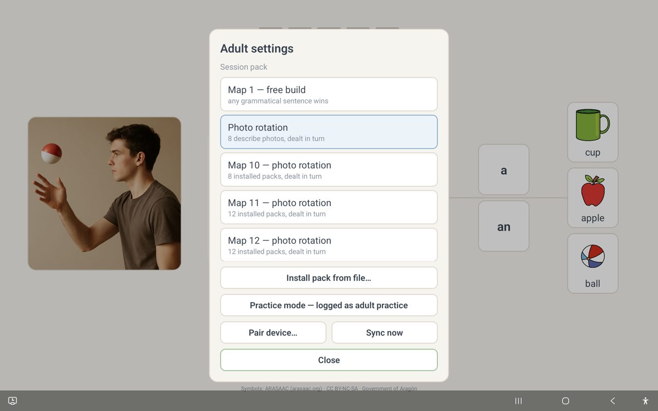 The adult settings sheet on the tablet, showing the session pack picker, an install option, a practice mode toggle, and pair/sync controls.