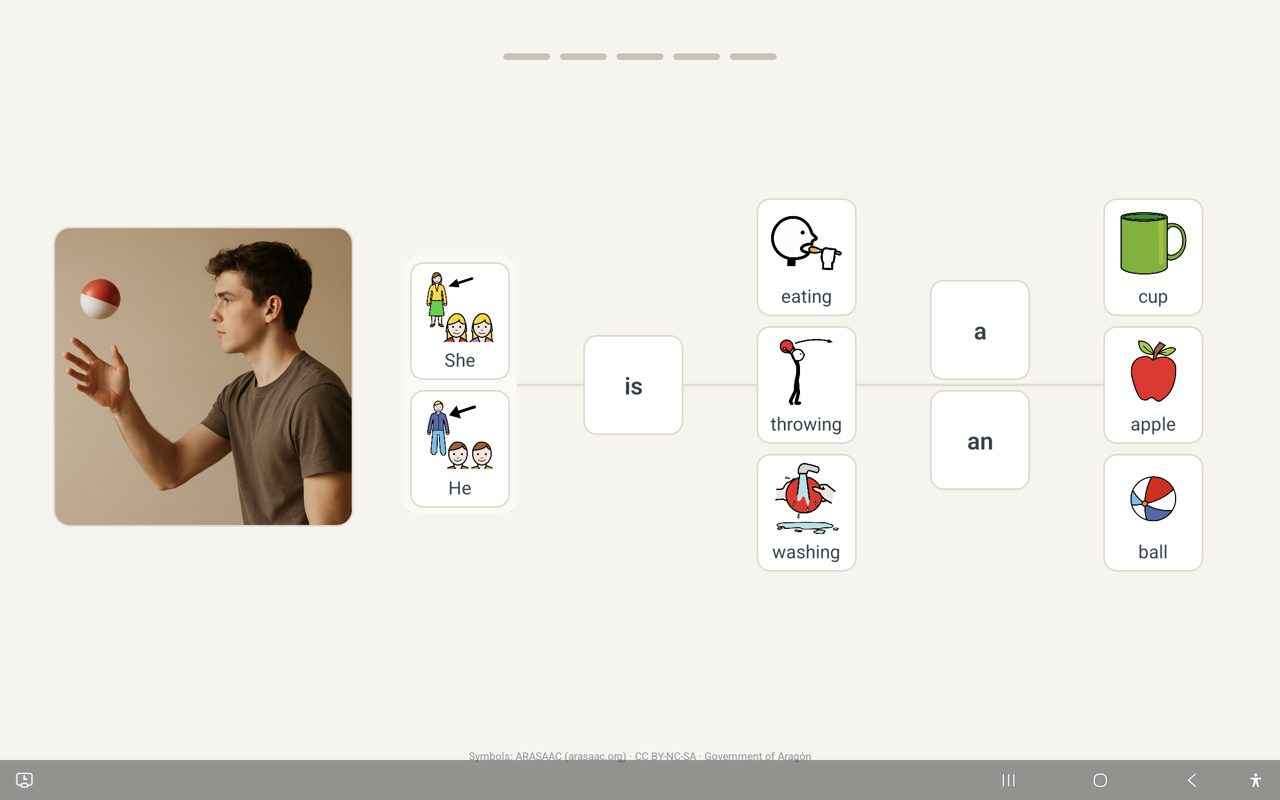 A tablet screen showing a photo of a young man throwing a ball on the left, and columns of picture tiles on the right for building the sentence "He is throwing a ball."